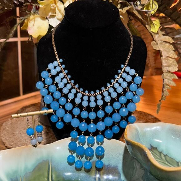 Hand Crafted Jewelry - Blue Beaded Statement Necklace with Matching Earrings